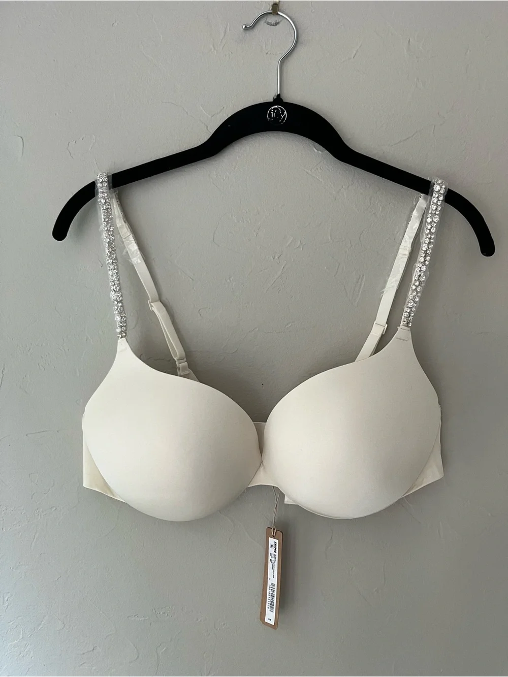 SKIMS ULTIMATE RHINESTONE STRAP PUSH UP BRA ECRU 36D